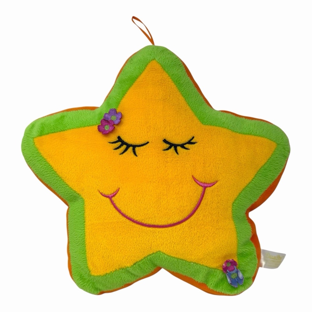 Dan Dee Collectors Choice Plush Star Pillow Yellow Smiley Face Floral Accent